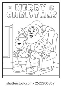 Celebrate the holiday season with a fun and unique concept Christmas coloring page. Santa Claus is drinking a cup of coffee. Great for holiday-themed activities and educational materials.