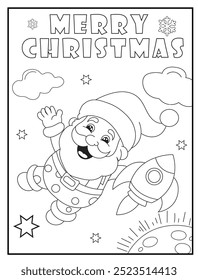 Celebrate the holiday season with a fun and unique concept Christmas coloring page. Santa Claus is exploring the space with a rocket and a smile. Great for holiday-themed kids activities books .