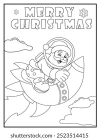 Celebrate the holiday season with a fun and unique concept Christmas coloring page. Santa Claus is exploring the space with a rocket and a smile. Great for holiday-themed kids activities books .