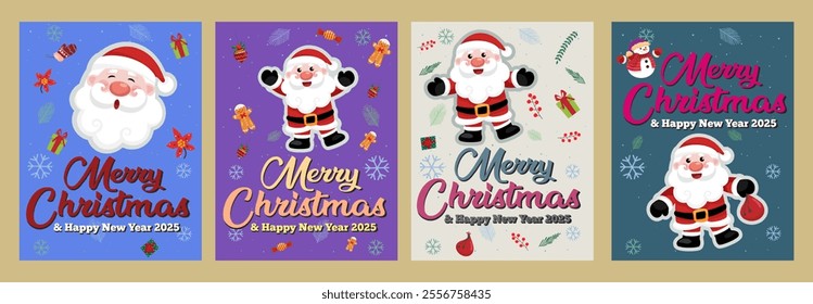 Celebrate the holiday season with this vibrant collection of Christmas cards featuring cheerful Santa Claus designs and festive elements. Perfect for spreading joy and New Year 2025 wishes