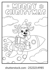 Celebrate the holiday season with a unique Christmas coloring page featuring a cute reindeer exploring space with a rocket and a smile. Ideal for holiday-themed kids' activity books.