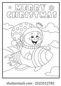 Celebrate the holiday season with a unique Christmas coloring page featuring a joyful snowman riding a rocket in space. Ideal for holiday-themed kids' activity books.