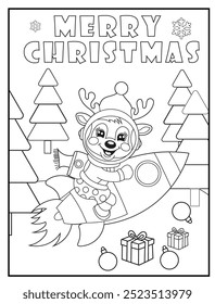Celebrate the holiday season with a unique Christmas coloring page featuring a cute reindeer riding a rocket in space. Ideal for holiday-themed kids' activity books.