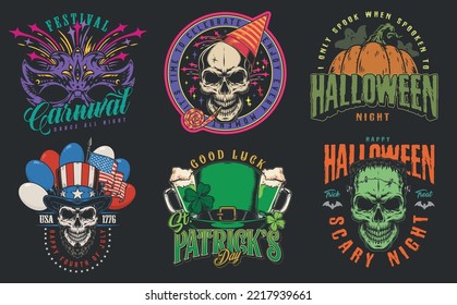 Celebrate Holiday set flyers colorful vintage Halloween pumpkin and green beer for Saint Patrick or independence day party vector illustration