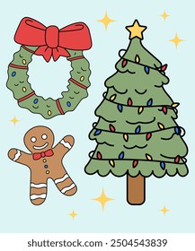 Celebrate the holidays with our charming vector graphics featuring a Christmas tree, wreath, and festive cookies. Perfect for cards, invitations, and digital projects. 