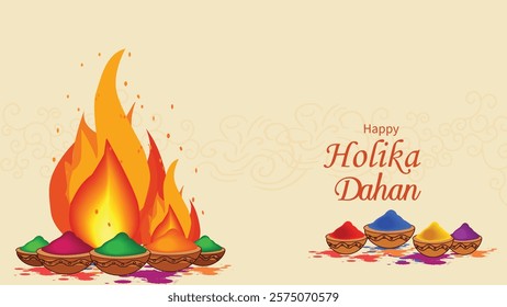 Celebrate Holika Dahan with a beautiful illustration of a sacred bonfire symbolizing the triumph of good over evil. Brightly colored powders (gulal) are placed in clay pots, adding to the festive ambi