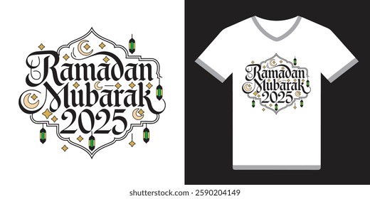 Celebrate the holy month with an elegant Ramadan Mubarak 2025 calligraphy T-Shirt design featuring ornate Arabic typography, gold lanterns, shining stars, and a crescent moon.