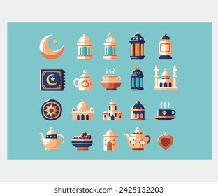 Celebrate the holy month of Ramadan with a set of stunning Islamic-themed icons and illustrations. Add a touch of elegance and spirituality to your designs with these beautiful