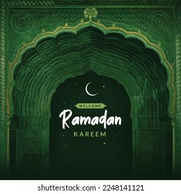 Celebre el Mes Sagrado del Ramadán con este hermoso y elegante diseño con un fondo real verde de arco de vintage islámico, perfecto para su banner de bienvenida Ramadan Kareem con letra creativa