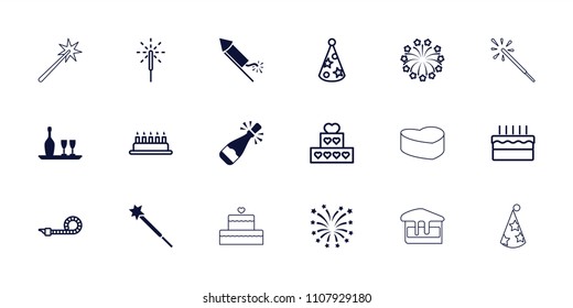 Celebrate icon. collection of 18 celebrate filled and outline icons such as wine bottle and glass, cake, party pipe, sparkler. editable celebrate icons for web and mobile.