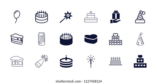 Celebrate icon. collection of 18 celebrate filled and outline icons such as cake, sparklers, sparkler, party hat, piece of cake. editable celebrate icons for web and mobile.