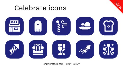 celebrate icon set. 10 filled celebrate icons.  Simple modern icons about  - Pub, Ghost, Candle, Cakes, Toast, Firecracker, Gift, Champagne, Fireworks