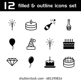 Celebrate icon. set of 12 celebrate filled and outline icons such as baloon, cake with one candle, cake, sparkler, balloon, champagne, champagne bottle with heart, gem