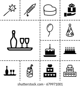 Celebrate icon. set of 13 filled and outline celebrate icons such as cake with one candle, wine bottle and glass, gift on hand, soda, heart cake, fireworks, party hat, balloon