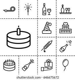 Celebrate icon. set of 13 outline celebrate icons such as party pipe, sparkler, fireworks, cake, wine bottle and glass, balloon, opened champagne, wine glass and bottle