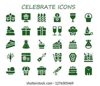  celebrate icon set. 30 filled celebrate icons. Simple modern icons about  - Cake, Gift, Candles, Champagne, Present, Gift box, Muffin, Candle, Party hat, Sparkler, Coffin, Spruce