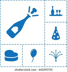 Celebrate icon. set of 6 celebrate filled icons such as opened champagne, heart cake, fireworks, party hat, wine bottle and glass