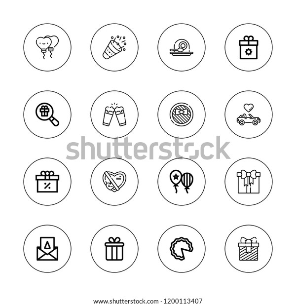 Celebrate icon set. collection of 16 outline\
celebrate icons with balloons, birthday card, cake, cakes, gift\
box, gift, party, toast\
icons.