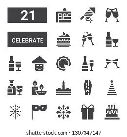 celebrate icon set. Collection of 21 filled celebrate icons included Cake, Present, Fireworks, Party, Party hat, Coffin, Candles, Wine, Cheers, Champagne, Chinese, Toast, Firework