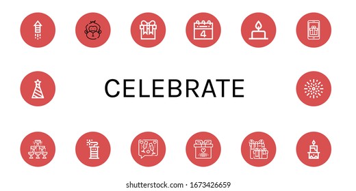 celebrate icon set. Collection of Fireworks, Monkey, Gift, th of july, Candle, Champagne, Firecracker, Toast, Wedding gift, Party hat icons
