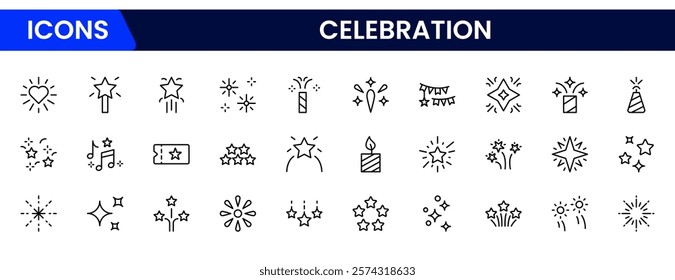 Celebrate icon set. Containing celebration, fireworks, cheers, party, gifts, champagne, surprises, events, balloons, and invitations. vector collection.