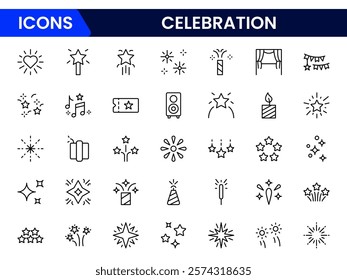 Celebrate icon set. Containing celebration, fireworks, cheers, party, gifts, champagne, surprises, events, balloons, and invitations. vector collection.