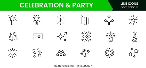 Celebrate icon set. Containing celebration, fireworks, cheers, party, gifts, champagne, surprises, events, balloons, and invitations. vector collection.