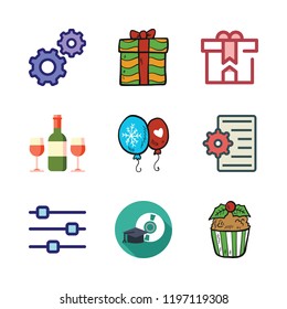 celebrate icon set. vector set about cupcake, wine, gift and mortarboard icons set.