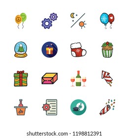 celebrate icon set. vector set about giftbox, wine, christmas sock and cupcake icons set.