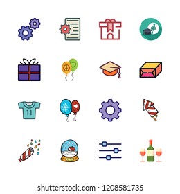 celebrate icon set. vector set about settings, gift, wine and mortarboard icons set.