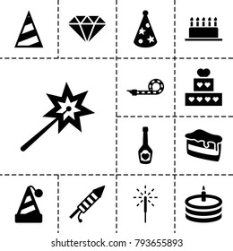 Celebrate icons. set of 13 editable filled celebrate icons such as sparklers, party hat, cake, piece of cake, champagne bottle with heart, party pipe, sparkler, fireworks