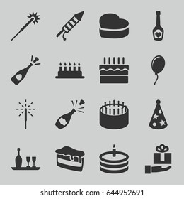Celebrate icons set. set of 16 celebrate filled icons such as sparklers, cake, opened champagne, piece of cake, champagne bottle with heart, heart cake, sparkler, fireworks