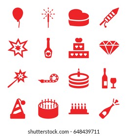 Celebrate icons set. set of 16 celebrate filled icons such as baloon, cake, opened champagne, champagne bottle with heart, heart cake, party pipe, sparkler, fireworks, gem