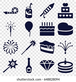 Celebrate Icons Set. Set Of 16 Celebrate Filled Icons Such As Baloon, Sparklers, Piece Of Cake, Soda, Champagne Bottle With Heart, Heart Cake, Cake, Party Pipe, Sparkler