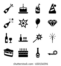 Celebrate icons set. set of 16 celebrate filled icons such as cake with one candle, opened champagne, piece of cake, soda, champagne bottle with heart, cake, party pipe
