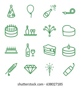 Celebrate icons set. set of 16 celebrate outline icons such as baloon, piece of cake, heart cake, party pipe, sparkler, fireworks, firework, cake, party hat