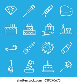 Celebrate icons set. set of 16 celebrate outline icons such as cake with one candle, sparklers, champagne bottle with heart, heart cake, cake, party pipe, fireworks, firework