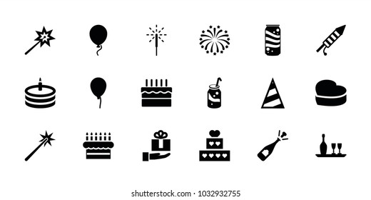 Celebrate icons. set of 18 editable filled celebrate icons: baloon, opened champagne, sparklers, cake, soda, heart cake, gift on hand, sparkler, fireworks