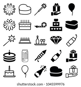 Celebrate icons. set of 25 editable filled and outline celebrate icons such as baloon, cake, heart cake, gift on hand, party pipe, fireworks, firework, gem