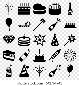 Celebrate icons set. set of 25 celebrate filled icons such as baloon, cake with one candle, sparklers, cake, opened champagne, soda, champagne bottle with heart, party pipe