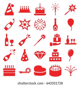 Celebrate icons set. set of 25 celebrate filled icons such as baloon, cake with one candle, sparklers, cake, opened champagne, champagne bottle with heart, heart cake