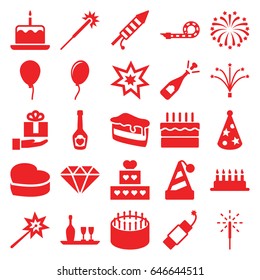 Celebrate icons set. set of 25 celebrate filled icons such as baloon, cake with one candle, sparklers, cake, opened champagne, champagne bottle with heart, party pipe