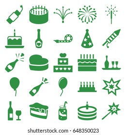 Celebrate icons set. set of 25 celebrate filled icons such as baloon, cake with one candle, cake, opened champagne, soda, champagne bottle with heart, party pipe, sparkler