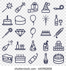 Celebrate icons set. set of 25 celebrate outline icons such as baloon, cake with one candle, sparklers, piece of cake, soda, champagne bottle with heart, party pipe, sparkler