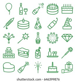 Celebrate icons set. set of 25 celebrate outline icons such as baloon, cake with one candle, sparklers, piece of cake, soda, champagne bottle with heart, sparkler, fireworks