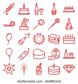 Celebrate icons set. set of 25 celebrate outline icons such as baloon, cake with one candle, sparklers, piece of cake, soda, champagne bottle with heart, party pipe, sparkler