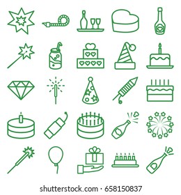 Celebrate icons set. set of 25 celebrate outline icons such as baloon, cake with one candle, sparklers, soda, champagne bottle with heart, heart cake, cake, party pipe