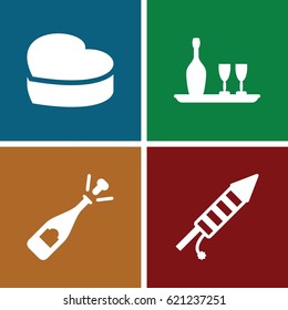 Celebrate icons set. set of 4 celebrate filled icons such as opened champagne, heart cake, fireworks