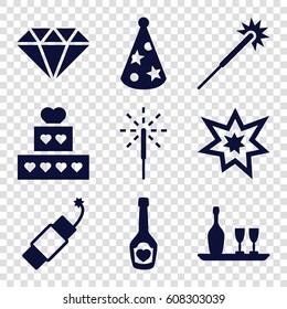 Celebrate icons set. set of 9 celebrate filled icons such as sparklers, champagne bottle with heart, sparkler, firework, fireworks, party hat, wine bottle and glass, gem