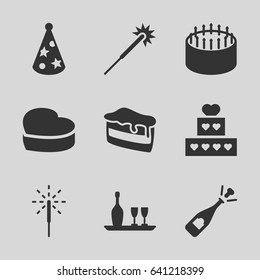 Celebrate icons set. set of 9 celebrate filled icons such as sparklers, cake, opened champagne, piece of cake, heart cake, sparkler, party hat